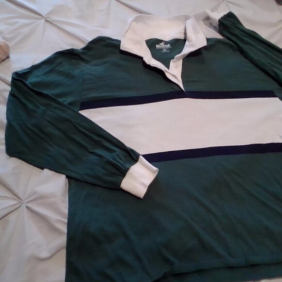 HOLLISTER long sleeved polo SIZE Medium, forest green, navy and white stripe. - Picture 2 of 4